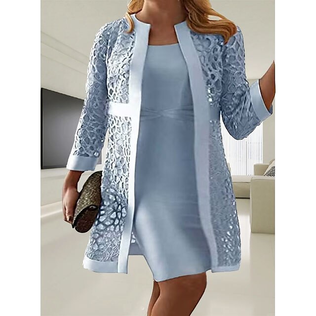  Women's Plus Size Curve Party Dress Solid Color Round Neck Lace Long Sleeve Spring Summer Casual Knee Length Dress Daily Vacation Dress