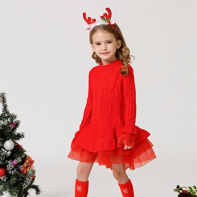  Kids Girls' Dress Sweater Dress Solid Color Long Sleeve Performance Wedding Casual Ruched Ruffle Adorable Daily Cotton Midi Sweater Dress Casual Dress Spring Fall Winter 2-8 Years Ivory Pink Red