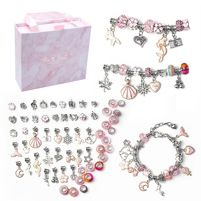  DIY-Geschenkbox, rosa, blau, Set, Bettelarmband, Kinder-Festival-Geschenke, Herstellungsset, Perlen, versilberte Schlangenkette, Geschenk für Mädchen und Kinder