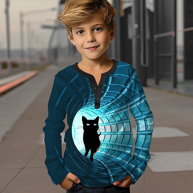  Boys 3D Graphic Cat henley shirt Long Sleeve 3D Print Fall Winter Sports Fashion Streetwear Polyester Kids 3-12 Years Crew Neck Outdoor Casual Daily Regular Fit