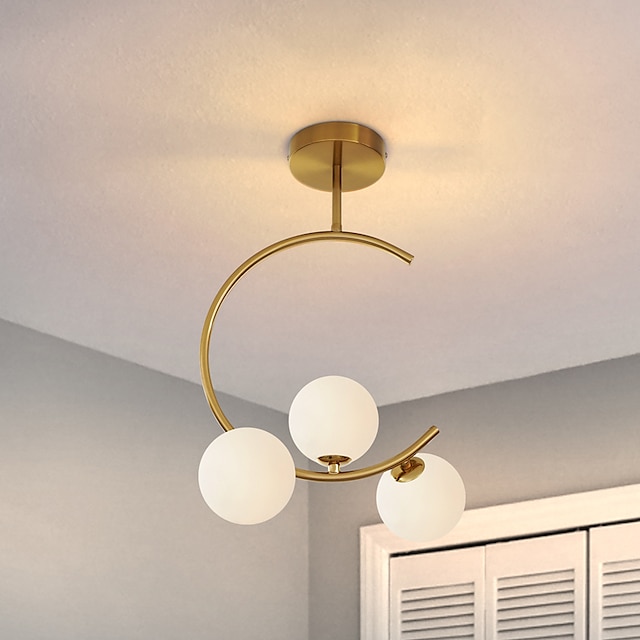  gouden semi-inbouw plafondlamp, gouden plafondlamp uit het midden van de eeuw, plafondmontage met 3 matglazen tinten, bolvormige plafondlamp voor hal keuken slaapkamer 110-240v