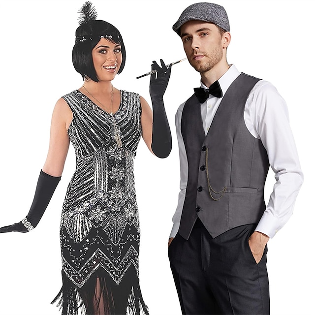  Retro / vintage Glada 20-talet 1920-talet Flapper-klänning Kläder Väst Kostymer för par Den store Gatsby Herre Herr Dam Paljetter Tofs Nyår Fest Bal Kostym