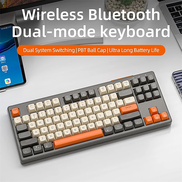  Dual Mode Bluetooth / USB mekanisk Tangentbord Ergonomiska Multi färg bakgrundsbelysning Tangentbord med Inbyggd Li-batteridriven 87 Nycklar