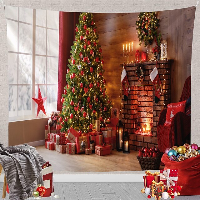 Christmas Fireplace Hanging Tapestry Wall Art Xmas Large Tapestry Mural ...