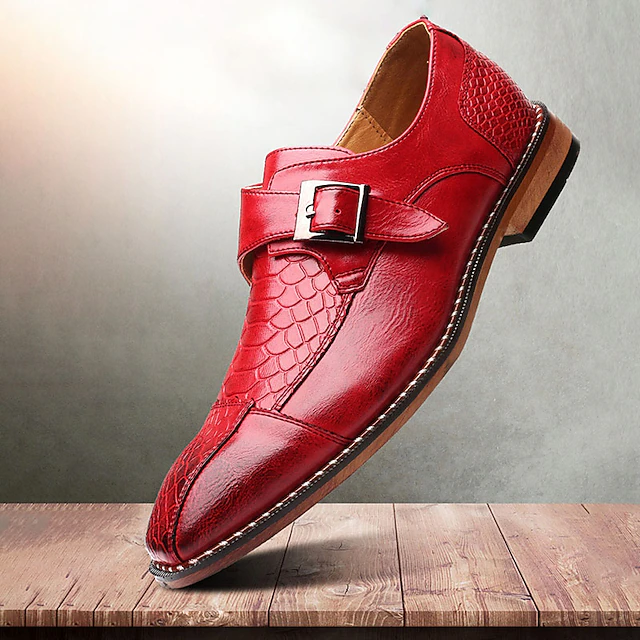 Men's Red Faux Leather Monk Strap Dress Shoes – Crocodile Pattern, Formal Wear for Business and Special Events 6