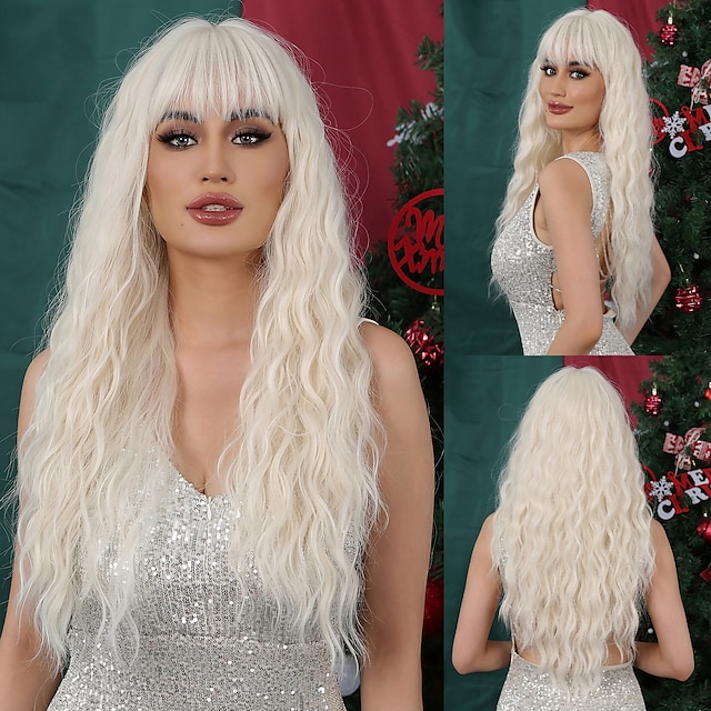  parrucca sintetica uniformi costumi di carriera principessa riccia onda di acqua parte centrale parrucca taglio di capelli a strati 26 pollici bianco capelli sintetici cosplay delle donne di modo del