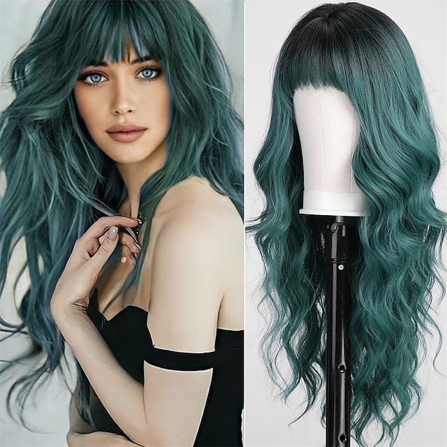  KOME Green Wigs with Bangs,Green Wig for Women Highlight Long Wavy Wig for Women,Long Curly Wigs Synthetic Hair Wig for Party Cosplay Daily Use Christmas Party Wigs