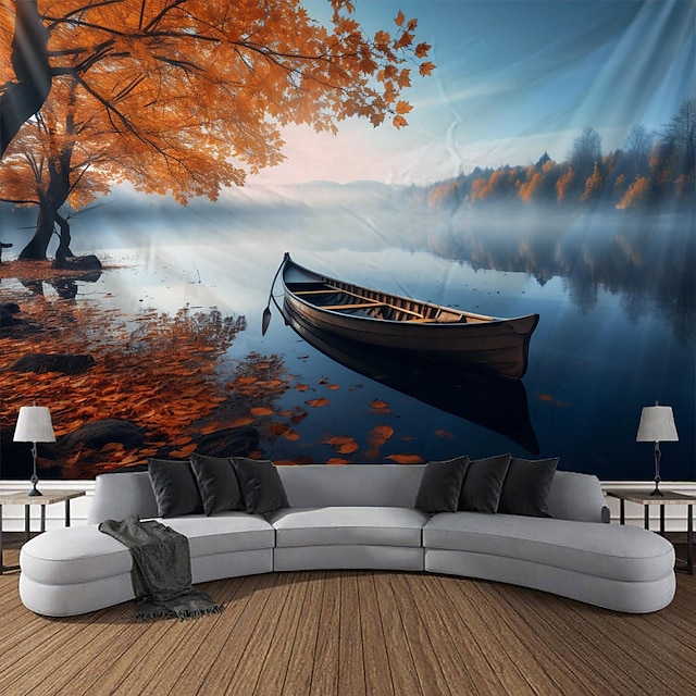  Landscape Lake Wooden Boat Hanging Tapestry Wall Art Large Tapestry Mural Decor Photograph Backdrop Blanket Curtain Home Bedroom Living Room Decoration