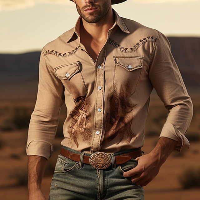  Totem Casual western style Men's Shirt Cowboy Shirt Outdoor Street Casual Daily Fall & Winter Turndown Long Sleeve Black Ivory Blue S M L Shirt