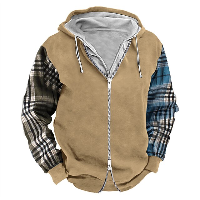 Men's Zip Up Hoodie Full Zip Sweatshirt Army Green Navy Blue Khaki Dark Gray Hooded Plaid Zip Up Patchwork Sports & Outdoor Daily Holiday Polyester Streetwear Cool Casual Spring & Fall Clothing 5