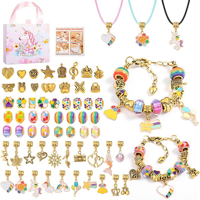 66 Piece Set Of Gold Hot Selling Colorful Crystal Diy Children's Bracelet Set Women's Cartoon Gift Box Bracelet