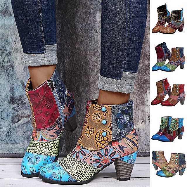  Women's Boots Print Shoes Combat Boots Plus Size Outdoor Daily Floral Color Block Booties Ankle Boots Winter Cone Heel Round Toe Comfort PU Zipper Dark Brown Blue Purple