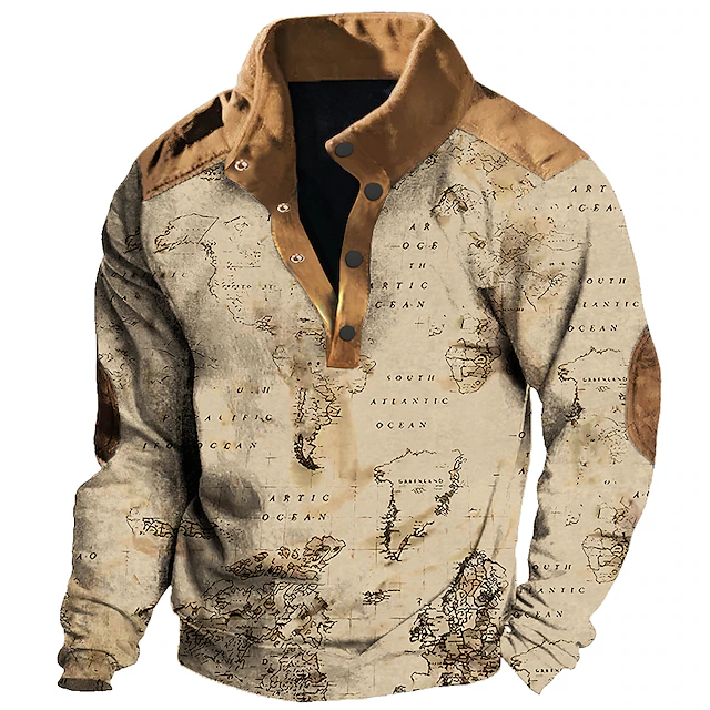 Men's Nautical Map Graphic Prints Sweatshirts Sweatshirt Pullover Long Sleeve Sweatshirt Stand Collar Daily Casual Vintage Retro 3D Print Vacation Going out Streetwear Buttons Spring & Fall 5