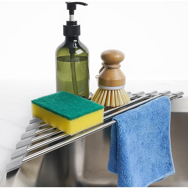  roll up trekant opvask tørrestativ til vask hjørne over vasken caddy svamp holder sammenfoldelig rustfri stål afløb