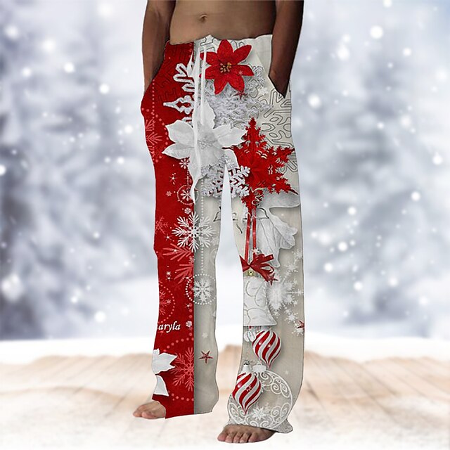  Pantaloni hawaiani de Crăciun Bărbați Fulg zăpadă Talie elastică cu șnur Casual Îmbrăcăminte de seară de petrecere petrecere de Craciun Costum de plajă Pantaloni cu picior drept Tipărire 3D Alb Roșu