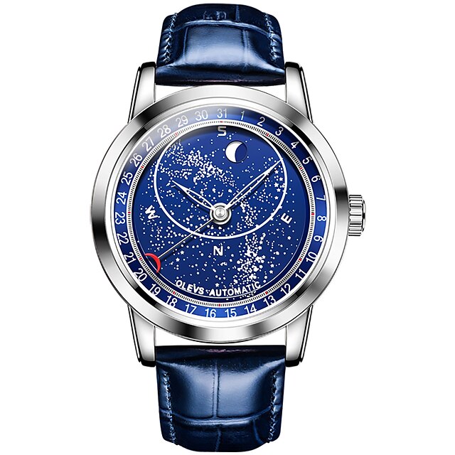  OLEVS 9923 Men's Watches Moon Phase Automatic Mechanical Watch for Man Blue Leather Luxury Dress Waterproof Luminous Wristwatch
