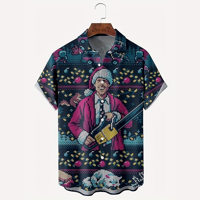 Christmas Men's Santa Claus Hawaiian Shirt Santa Claus Novelty Casual Aloha Outdoor clothing Daily Wear Streetwear Fall Turndown Short Sleeve Dark Blue S M L Normal3