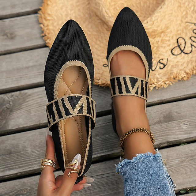 Women's Black Knit Mary Jane Flats – Pointed Toe Stretch Fabric Casual Shoes with Geometric Straps for Work, Travel & Daily Wear 12