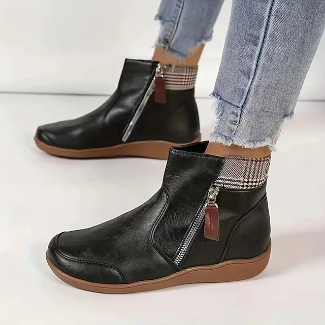 Women's Black Faux Leather Ankle Boots with Plaid Collar and Side ...