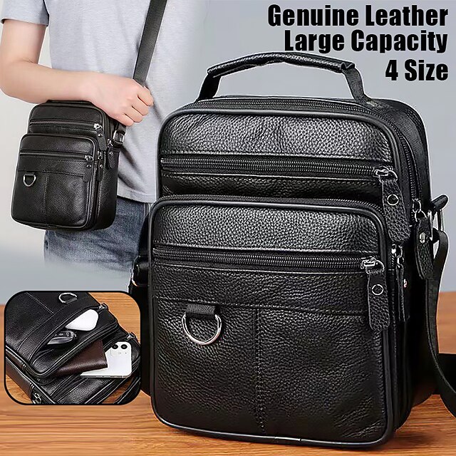 Men's Black Leather Crossbody Messenger Bag – Multi-Pocket Shoulder Bag with Zipper Closure for Work, Travel & Daily Use 16