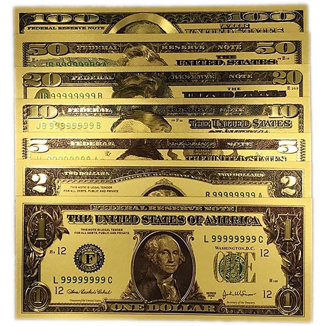  7 قطع من الأوراق النقدية الورقية المزيفة بالدولار الأمريكي المطلية بالذهب