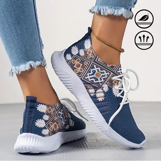  Women's Ethnic Tribal Knit Graphic Print Navy Blue Lightweight Breathable and Soft Lace-Up Flyknit Sneakers