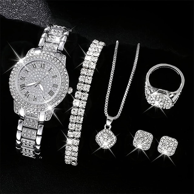  שעון קוורץ ריינסטון יוקרתי שעון יד אנלוגי אופנה היפ הופ& 6 יחידות סט תכשיטים מתנה לנשים שלה