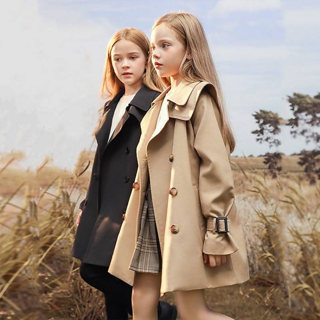  Trench-coat Enfants Fille Couleur unie Mode Bouton Ecole Coton Manteau Vêtements d'extérieur 7-13 ans Printemps Noir