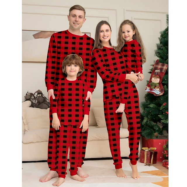  Familie Uite Pijamale Bumbac Plisat Pijamale în carouri Școală Imprimeu Roșu-aprins Manșon Lung Ținute pentru Mami și Eu Activ Tinute potrivite
