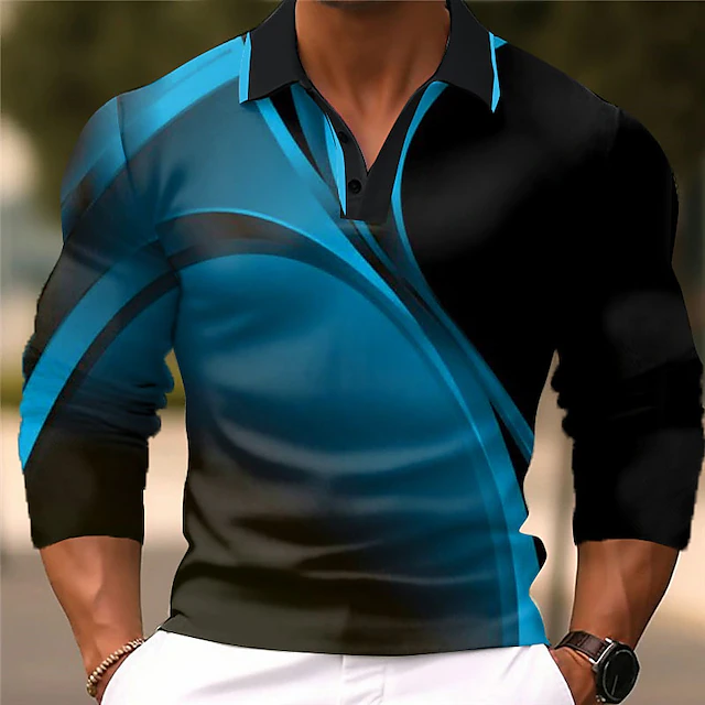 Men's Geometric Polo Shirts Golf Shirt Long Sleeve Polo Shirts Collared Shirts Business Casual WorkWear Formal Wear Festival Wear 3D Print Buttons Fall & Winter Wine Dark Navy Blue 5