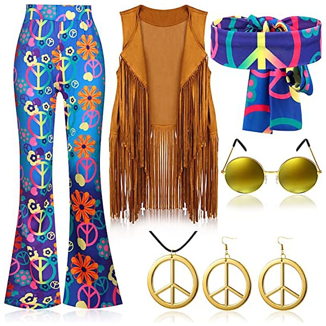 7 Pcs 60s 70s Outfits for Women Hippie Costume Set Boho Flared Pants ...