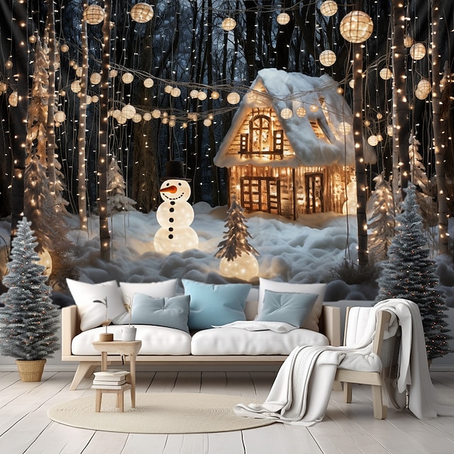 Tapisserie Murale Scène De Neige Forêt De Noël 3D - 130x150 Cm, Polyester, Décoration Salon Ou Chambre - 7