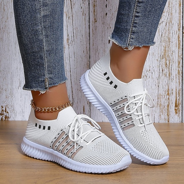  Pentru femei Adidași pantofi albi Pantofi Flyknit Adidași adezivi Pantofi albi În aer liber Zilnic Culoare solidă Bloc Culoare Vară Toc Drept Vârf rotund Casual Confortabili Pregătită Alergare Tenis