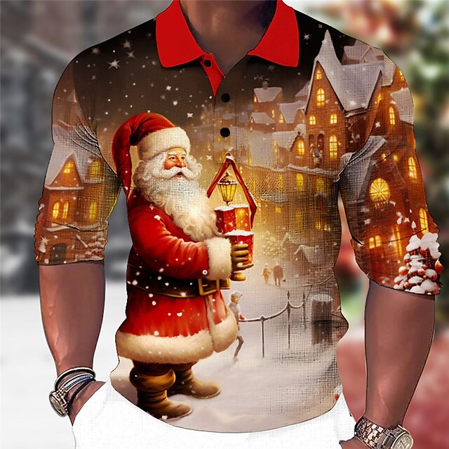 Christmas Men's Santa Claus 3D Polo Santa Claus Casual Print 3D Golf Outdoor Casual Daily Streetwear Polyester Long Sleeve Turndown Shirts Yellow Red Fall & Winter S M L Micro-elastic Lapel Polo4
