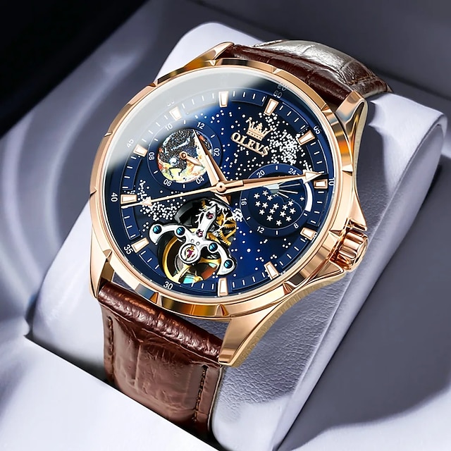  OLEVS 6689 Men's Automatic Watch Skeleton Multifunctional Starry Sky Stainless Steel Leather Watchband Luxury Dress WristWatch