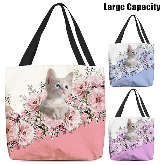  Women's Tote Shoulder Bag Canvas Tote Bag Polyester Outdoor Shopping Daily Print Large Capacity Foldable Lightweight Cat Flower Pink Blue Light Purple