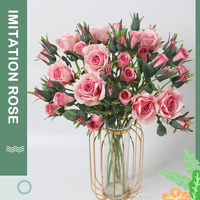  1 ramo de 5 cabezas de flores de rosas de seda artificiales, ramo de flores falsas de tallo largo, decoraciones de boda para fiesta en casa diy