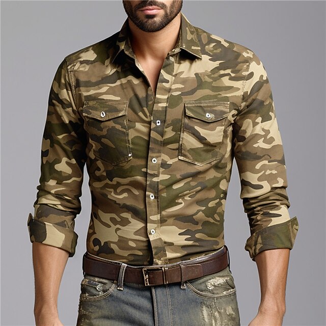 Men's Camo / Camouflage Shirt Western Shirt Cowboy Shirt Long Sleeve Casual Daily Wear Going out Weekend Fall & Winter Turndown Pocket Print Button-Down Army Green Dark Green Green4