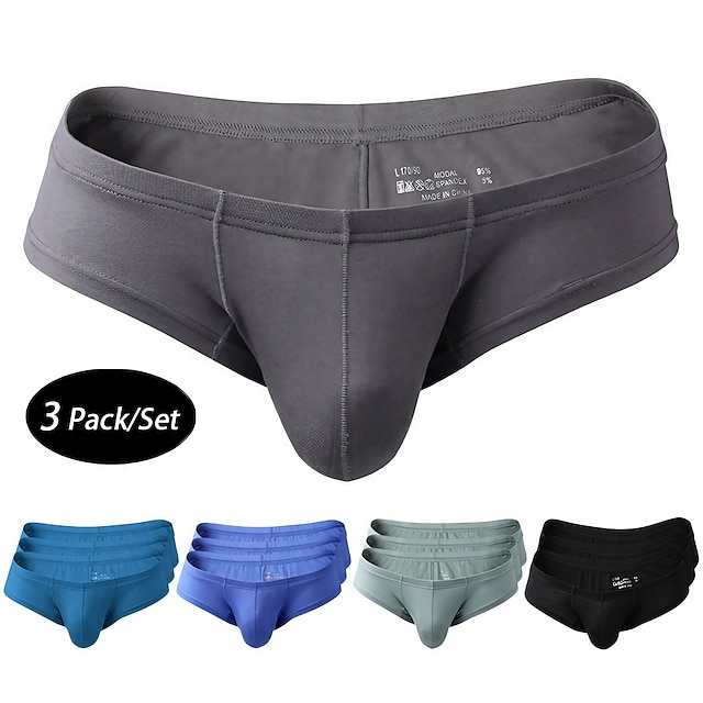  Men's 3 Pack Boxer Briefs Underwear Modal Washable Comfortable Solid Color Low Rise Black Blue