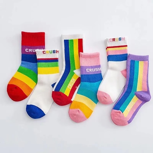  Toddler Unisex 3 Pairs Socks Rainbow 3 pairs 3 pairs of pink and purple Color Block Print Print Spring Fall Sweet Casual 2-12 Years