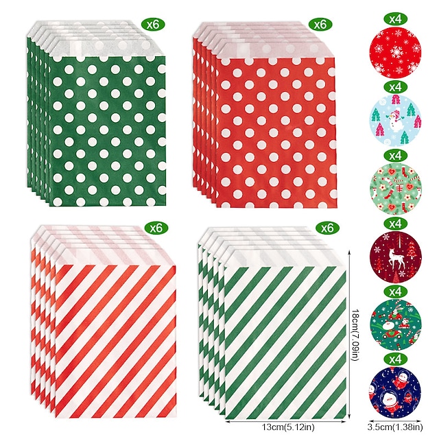  24pcs, Christmas Candy Bags, Red And Green Wavy Twill Kraft Paper Bags, Christmas Party Gift Bags, Including Sticker Sets, Navidad, Christmas Decorations, Small Business Supplies, Cheapest Items Avail