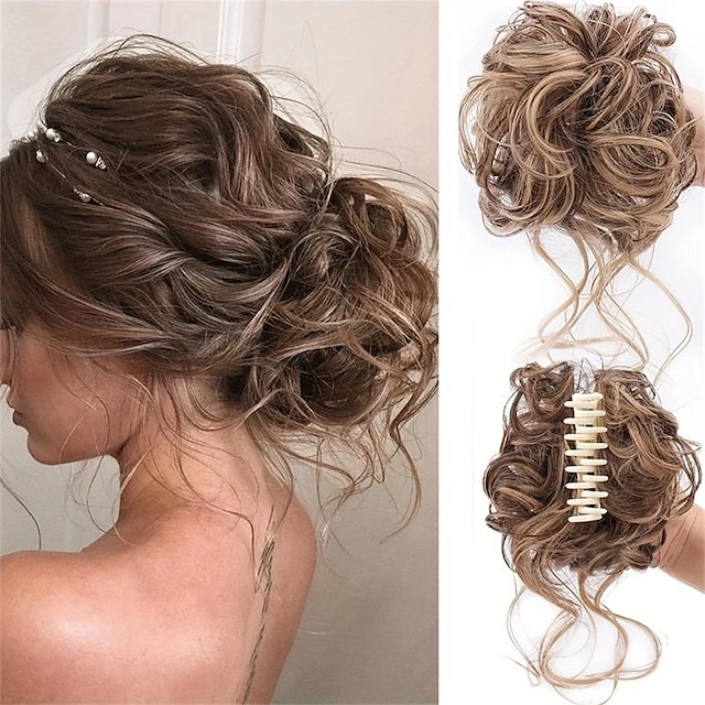  Apliques de coque bagunçado, extensões de cabelo sintético ondulado e encaracolado para mulheres, clipe de garra em coque updo despenteado, extensões de cabelo bagunçadas