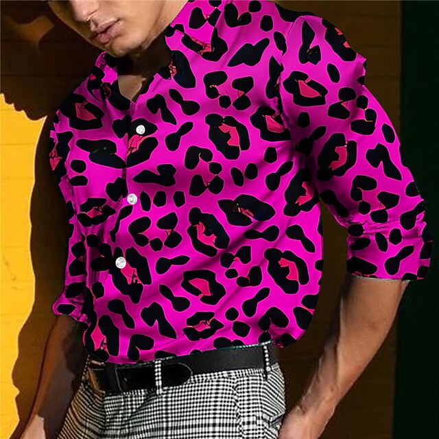 Men's Leopard Print Shirt Long Sleeve Casual Daily Wear Going out Weekend Fall & Winter Turndown Print Button-Down Yellow Pink Rose Red4
