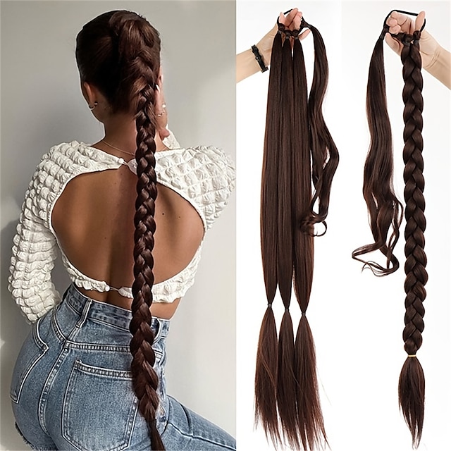 Long Braided Ponytail Extension With Elastic Hair Tie Straight Sleek ...