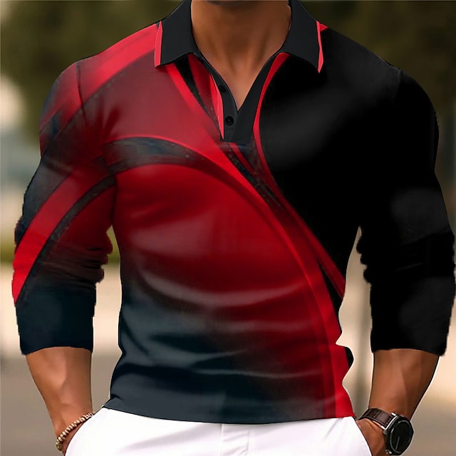  Herren Geometrisch Poloshirts Golfshirt Langarm Polo-Shirts Hemden mit Kragen Business-Casual Arbeitskleidung Formelle Kleidung Festivalkleidung Knöpfe 3D-Druck Herbst Winter Wein Dunkelmarine Blau