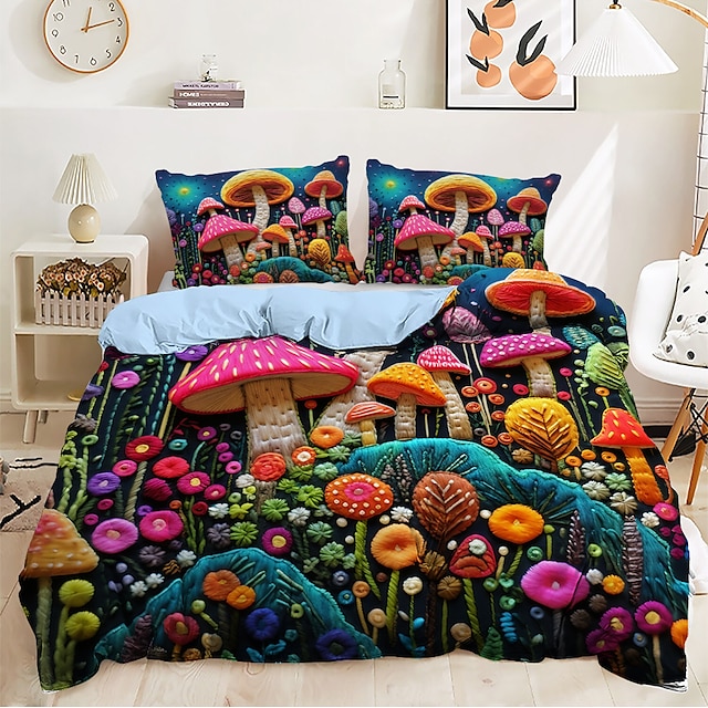 100% Cotton Duvet Cover Mushroom Forest Mexican Folk Art Pattern Duvet ...
