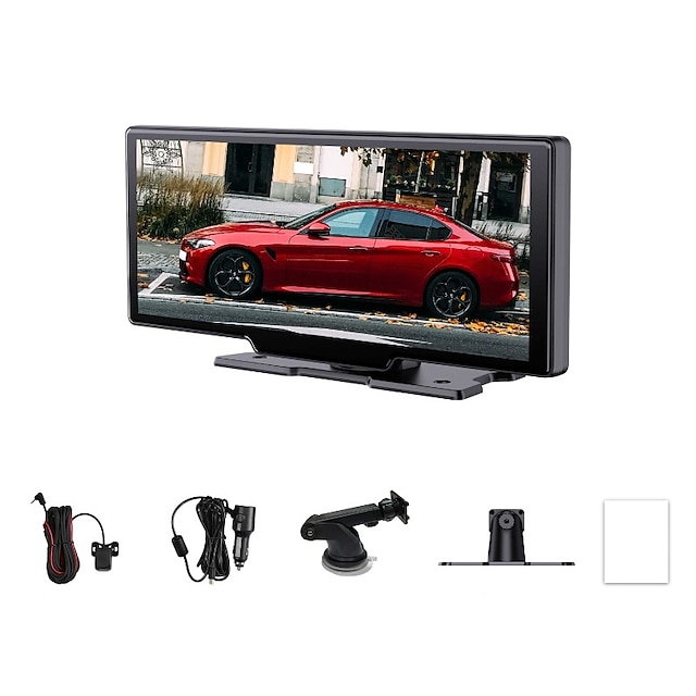  10,26 Zoll 2,5k1080p Dual-Objektiv-Auto-DVR-Recorder Touchscreen-Dashcam mit kabellosem D-Play & Android Auto Bluetooth Sprachsteuerung Rückfahrkamera