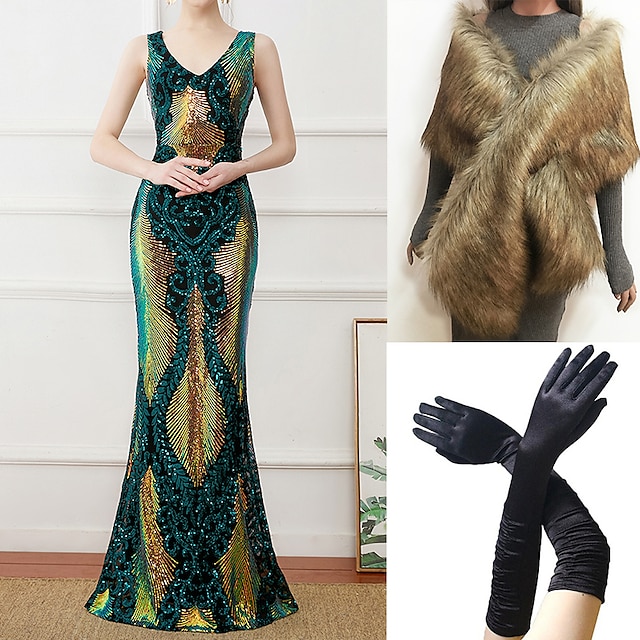  Set mit Flapper-Kleid, schwarzen langen Handschuhen, Schal aus Kunstpelz, Roaring 20er-Jahre-Cocktailkleid der 1920er-Jahre, Ballkleid, Maskerade, The Great Gatsby, Damen-Pailletten, Cosplay-Kostüm,