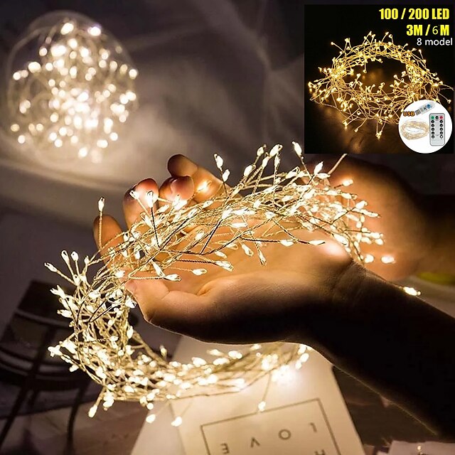  2pcs 1pcs Fairy Firecracker String Light 3m 100leds 6m 200leds Waterproof Copper Wire Light Cluster Starry String Lights for Bedroom Christmas Party