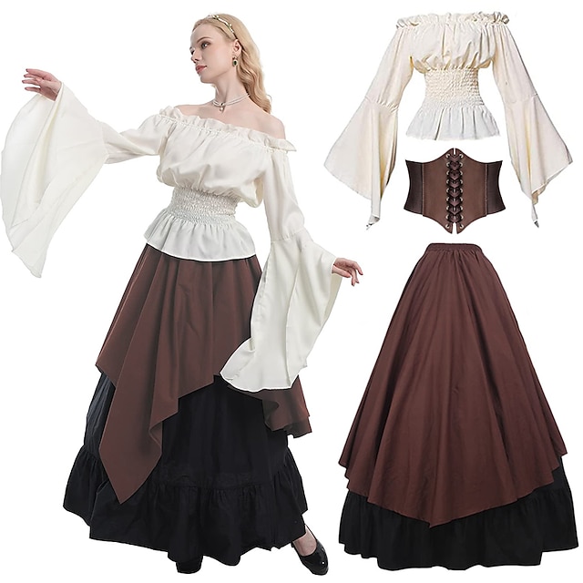  middeleeuwse renaissance boerjurk met korset Ierse viking retro vintage victoriaanse dames larp cosplay kostuum casual dagelijkse eerlijke jurk 3 stuks